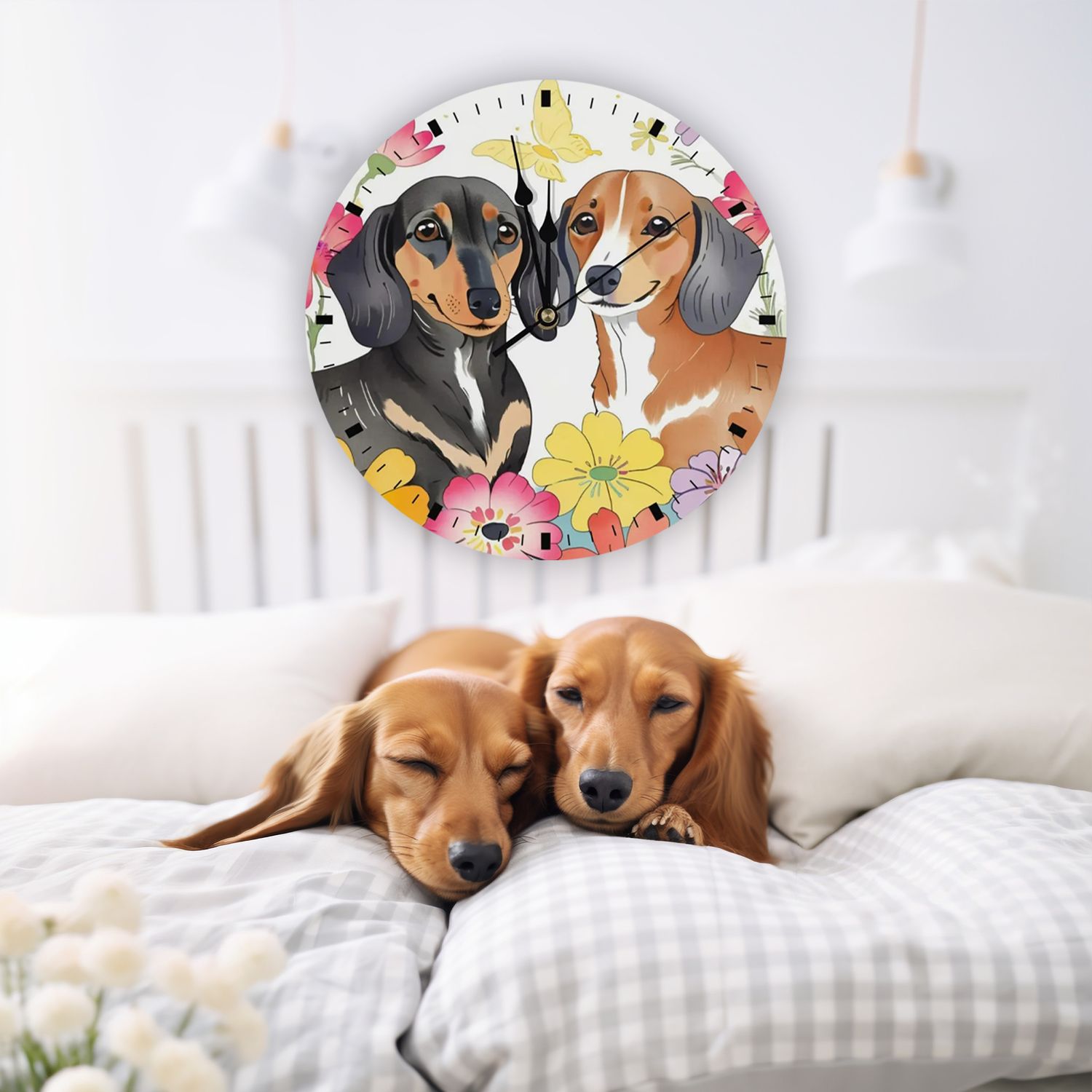 Wooden wall clock - Floral dachshund motif