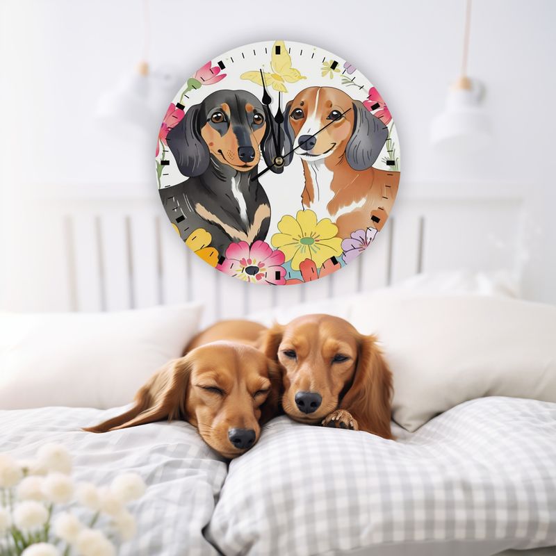 Wooden wall clock - Floral dachshund motif