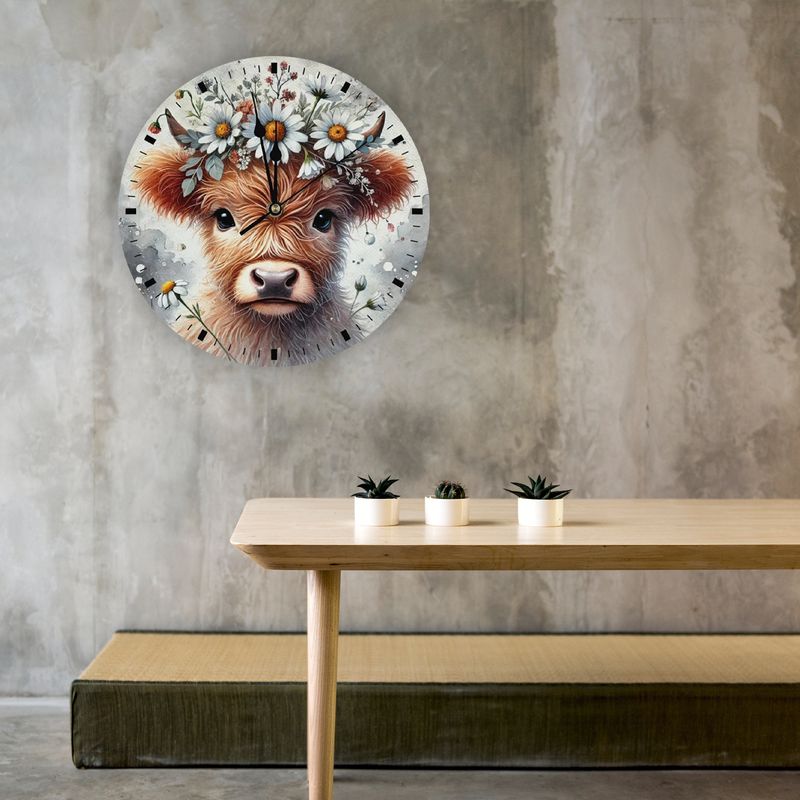 Wooden wall clock - cute Highland cow motif