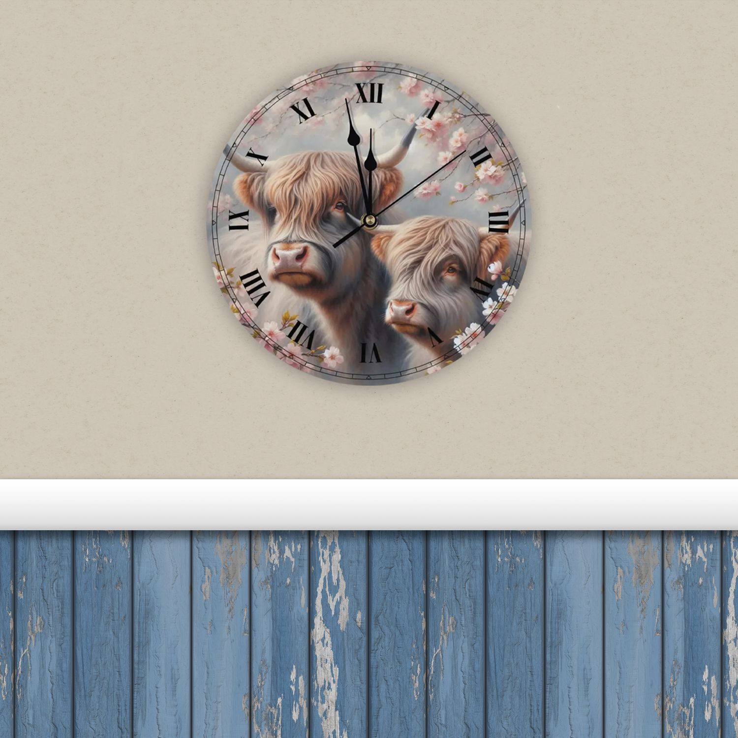 Country-style wooden wall clock - Highland Cow