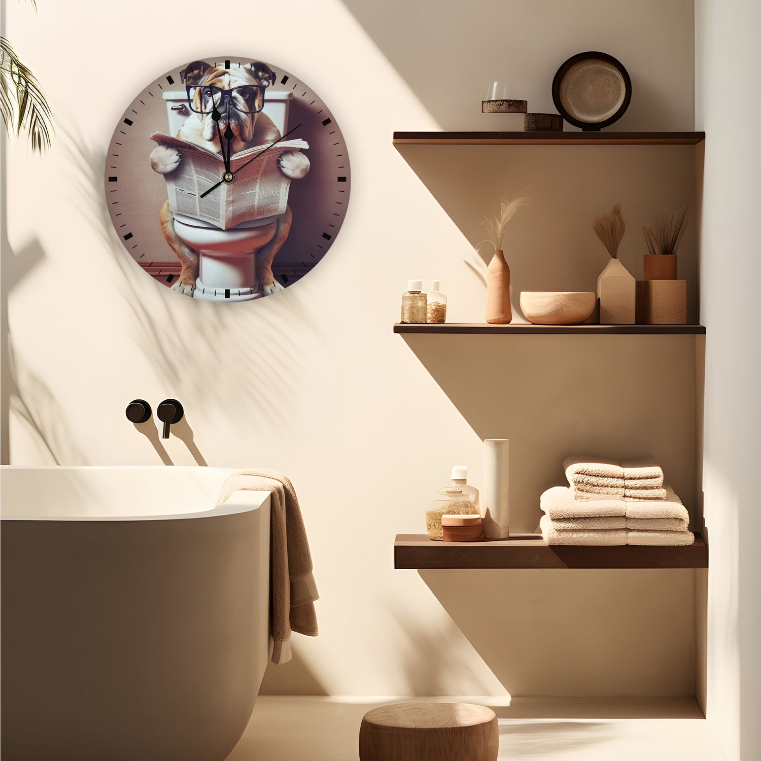 Funny wooden wall clock - English bulldog on toilet