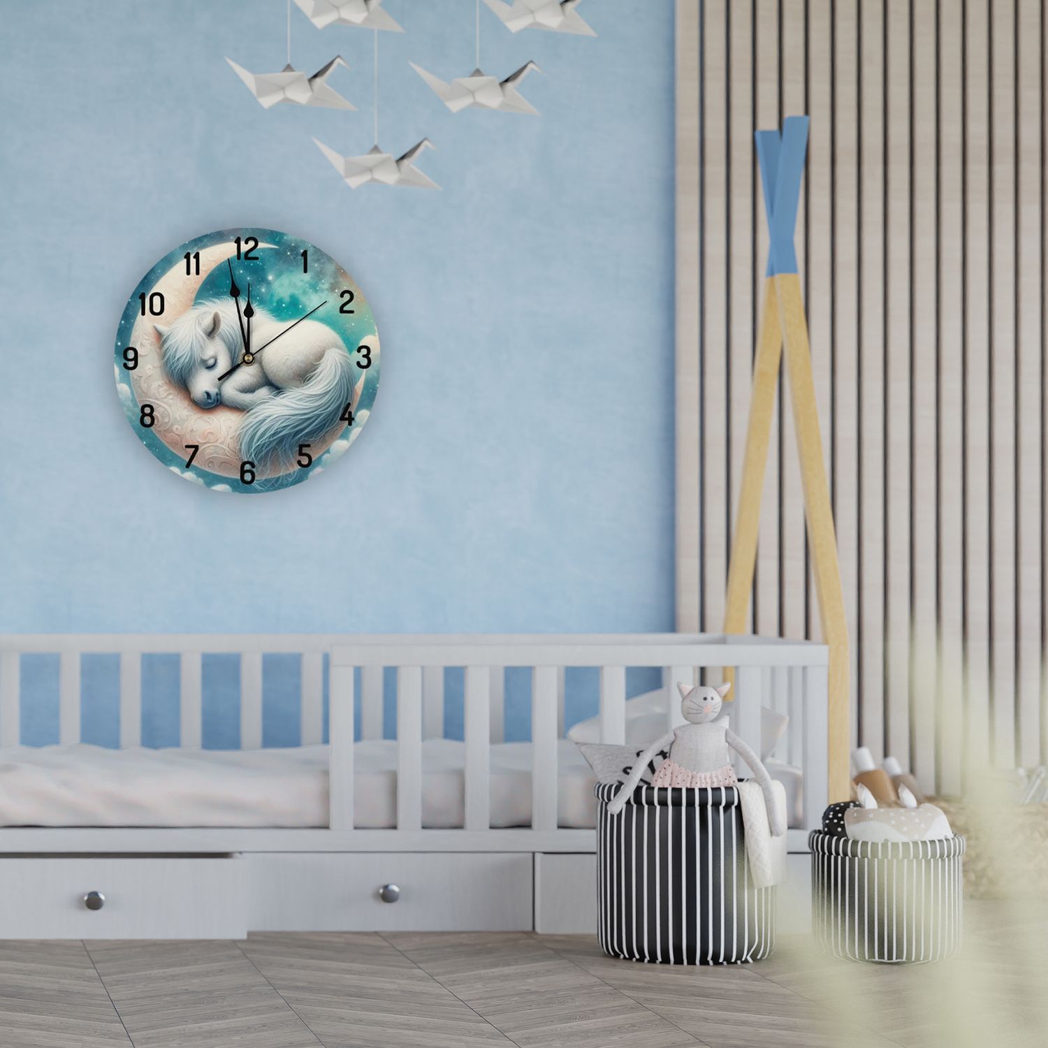 Enchanting wooden wall clock - White horse on moon