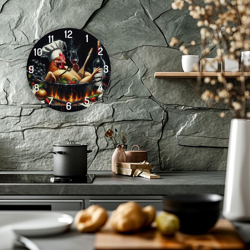 Humorous wooden wall clock - chicken with wine in a cooking pot