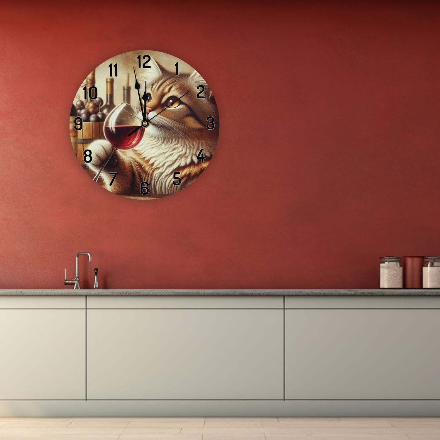 Humorous wooden wall clock - cat - wine lover