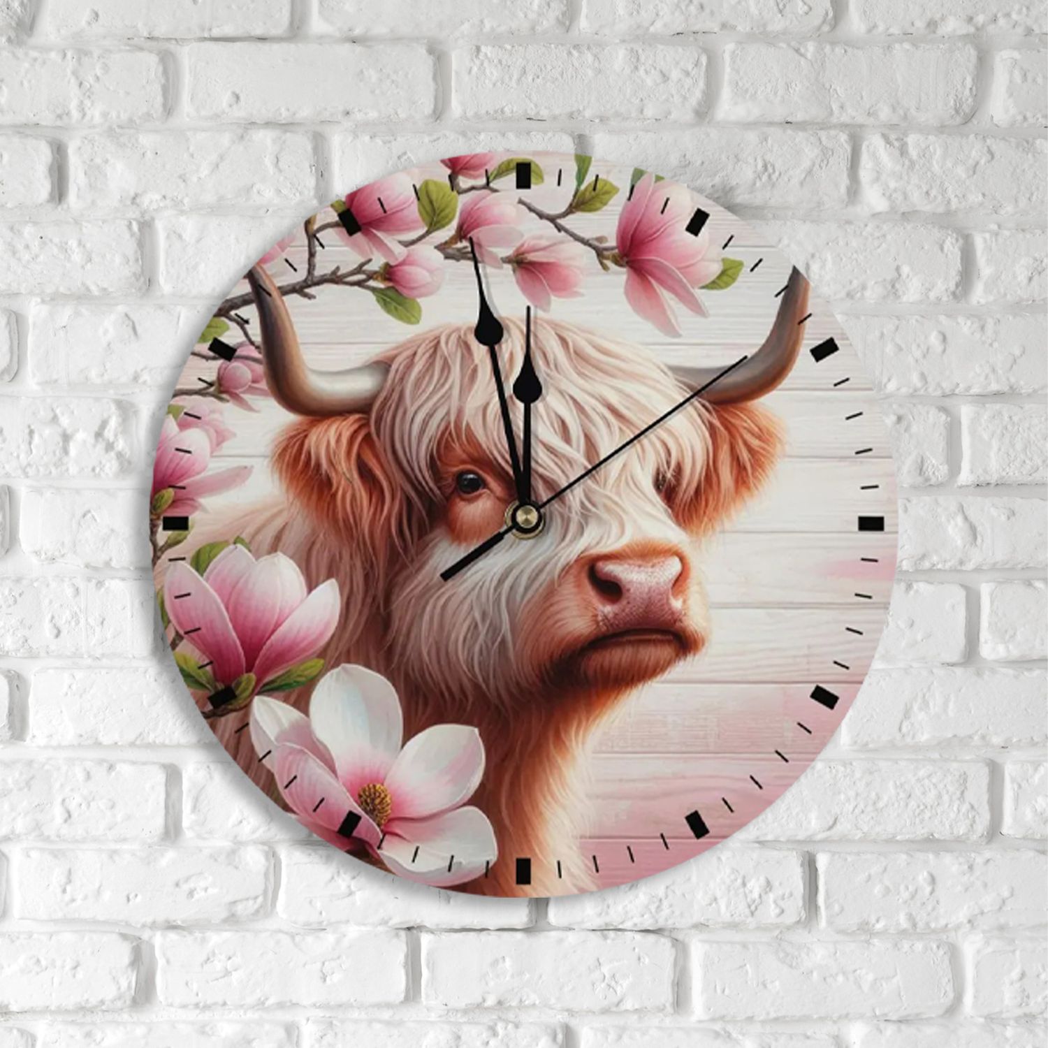 Country-style wooden wall clock - Highland cow and magnolias