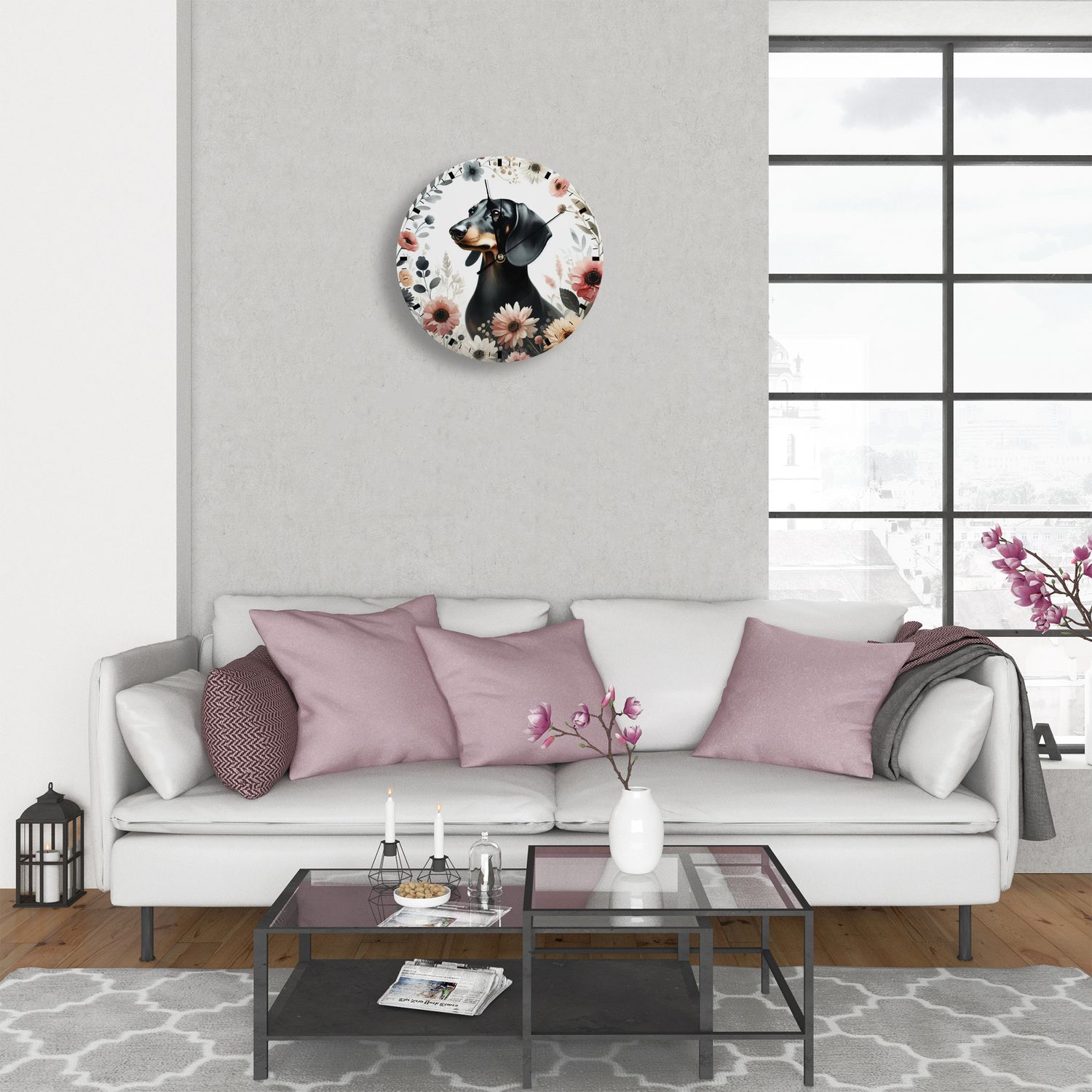 Floral wooden wall clock - Dachshund