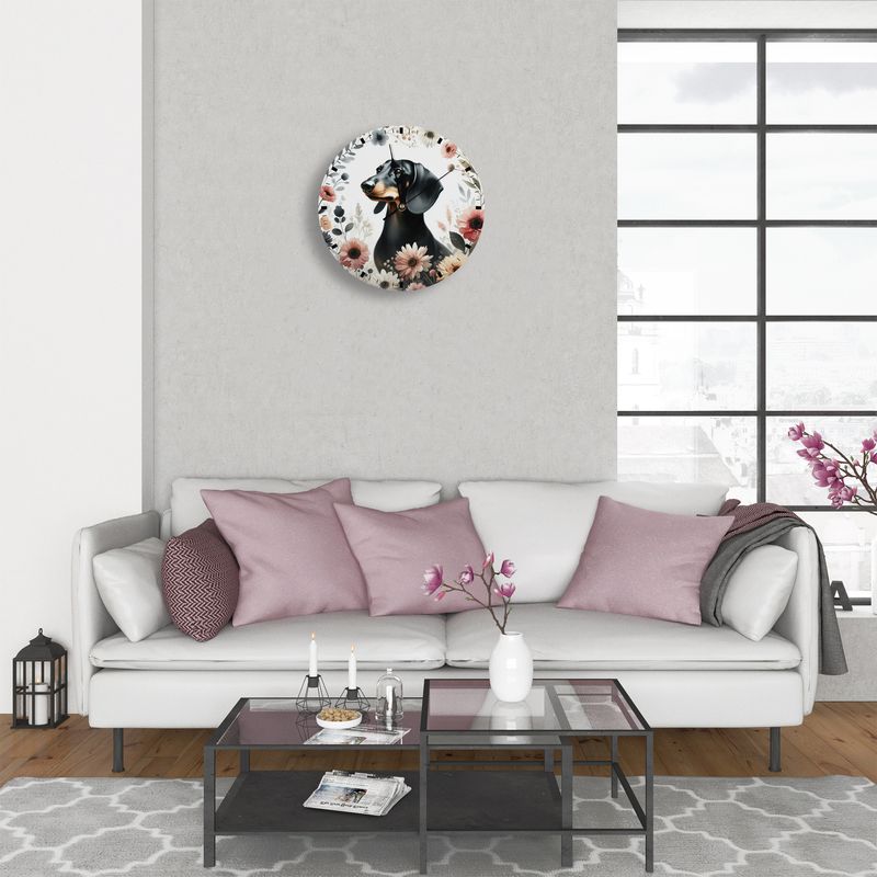 Floral wooden wall clock - Dachshund