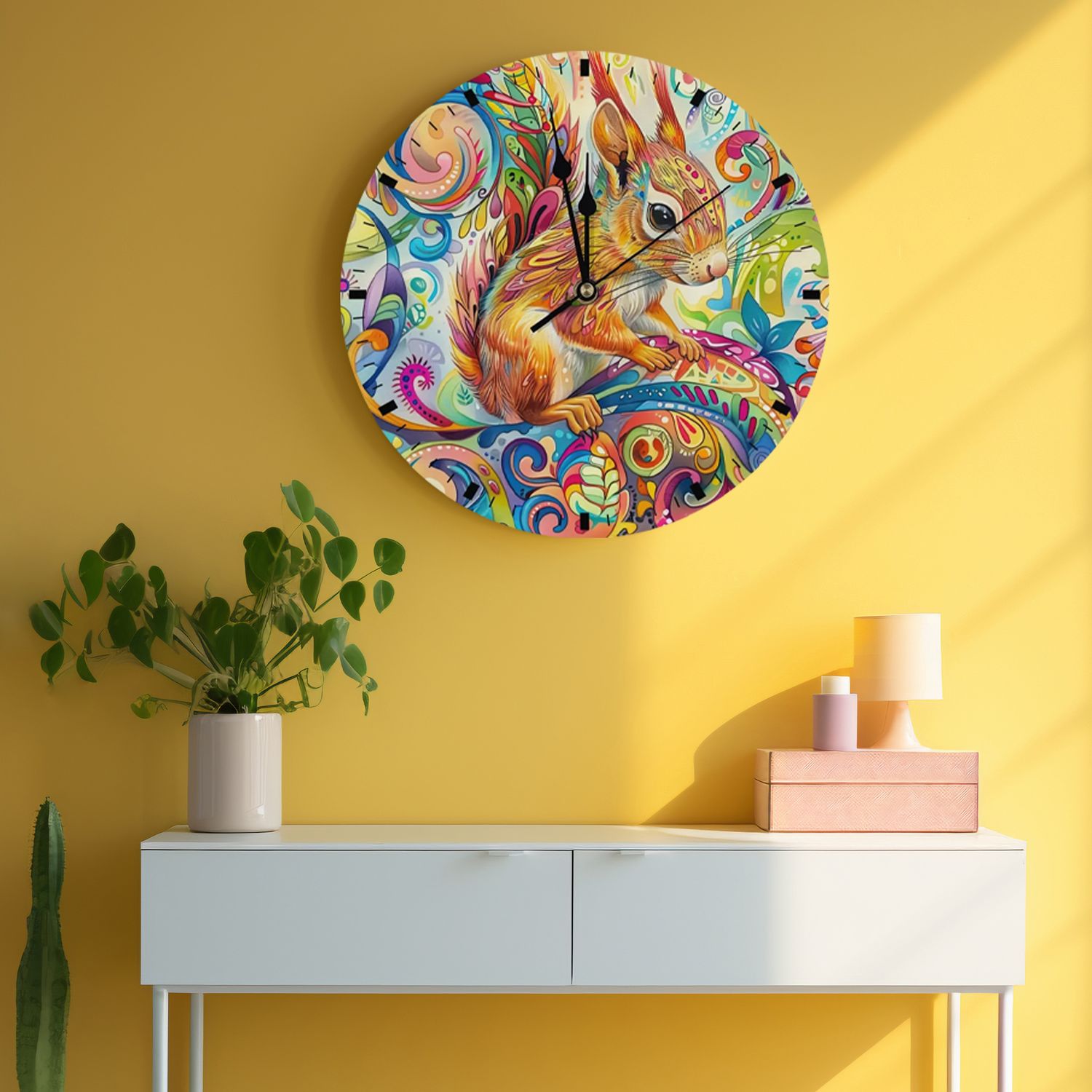 Abstract wooden wall clock - squirrel