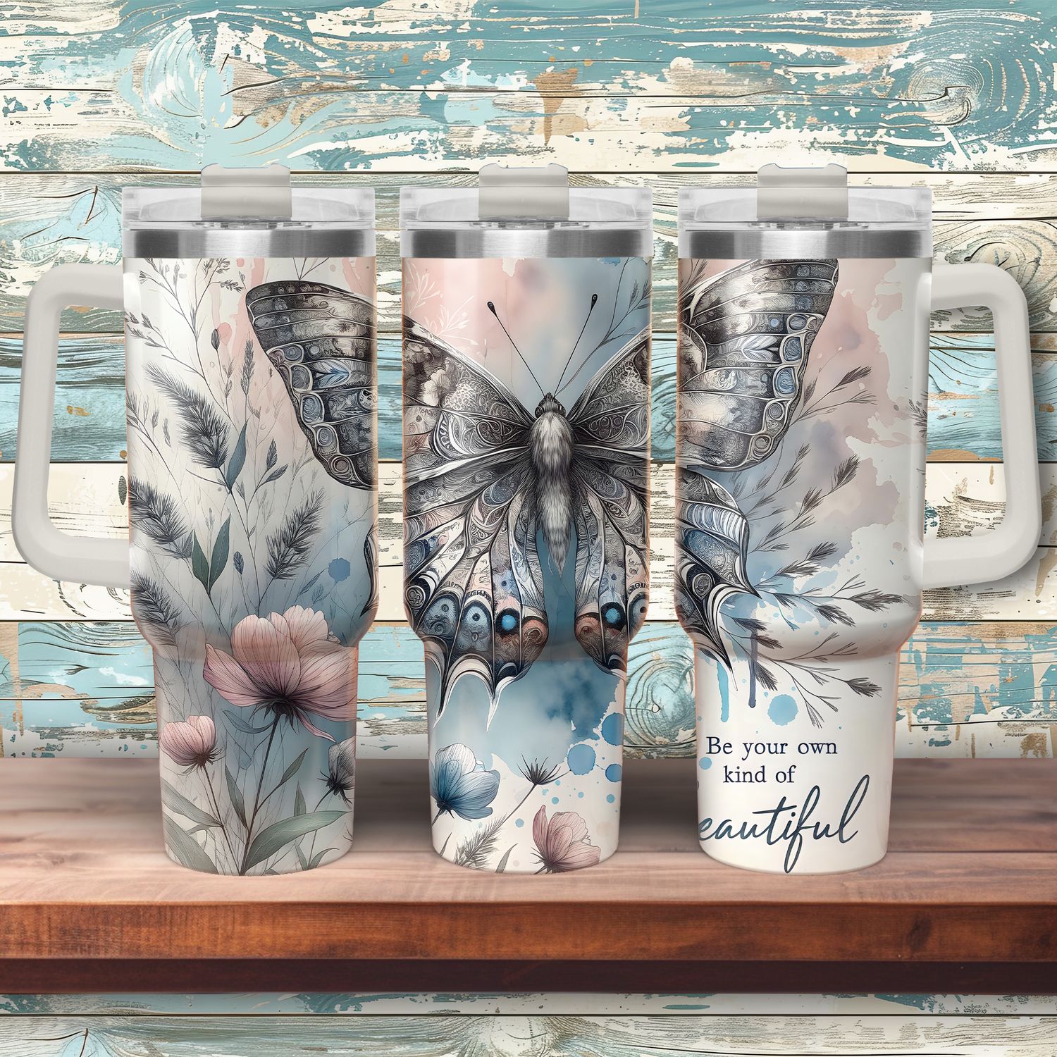 Tumbler with handle - ToGo - Bohemian Butterfly &quot;Be Your Own Kind Of Beautiful&quot;