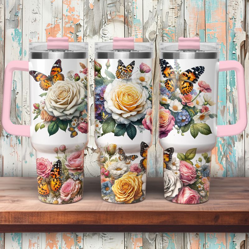 Tumbler with handle - ToGo - Flowers and Butterflies