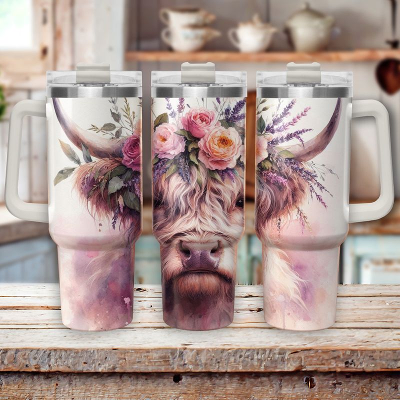 Tumbler with handle - ToGo - Floral Highland Cow
