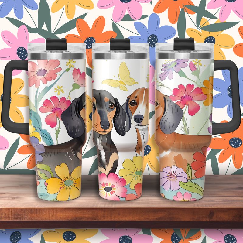 Tumbler with handle - ToGo - Dachshund and flowers