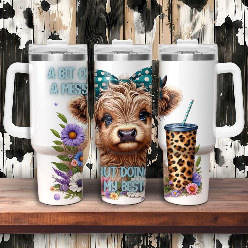 Tumbler with Handle - ToGo - Highland Cow &quot;A Bit Of A Mess, But Doing My Best&quot;