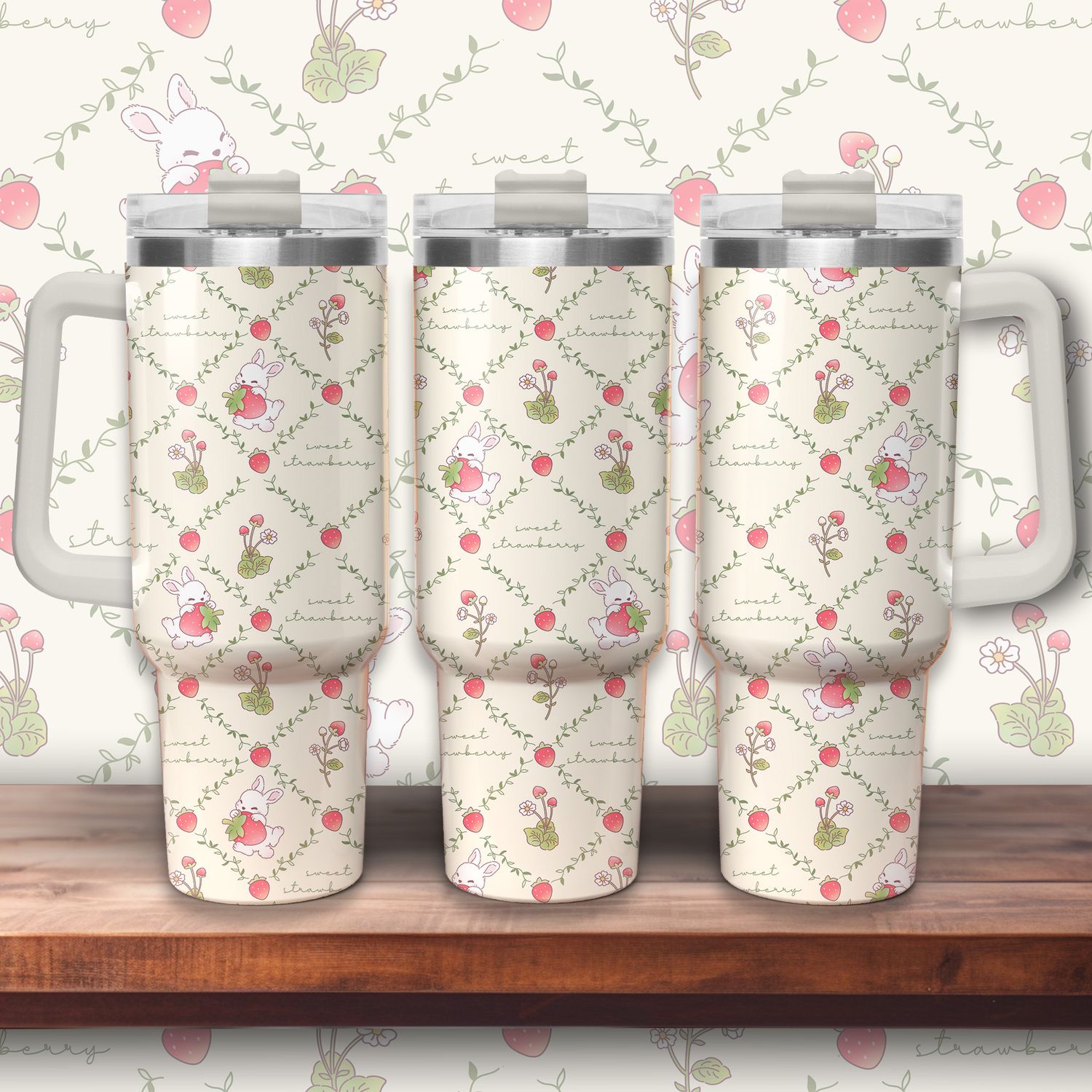 Tumbler with handle - ToGo &quot;Sweet Strawberry&quot; - bunnies and strawberries
