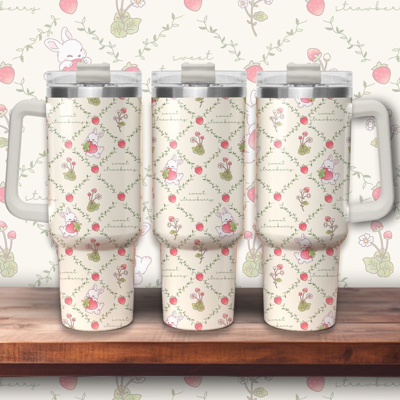 Tumbler with handle - ToGo &quot;Sweet Strawberry&quot; - bunnies and strawberries