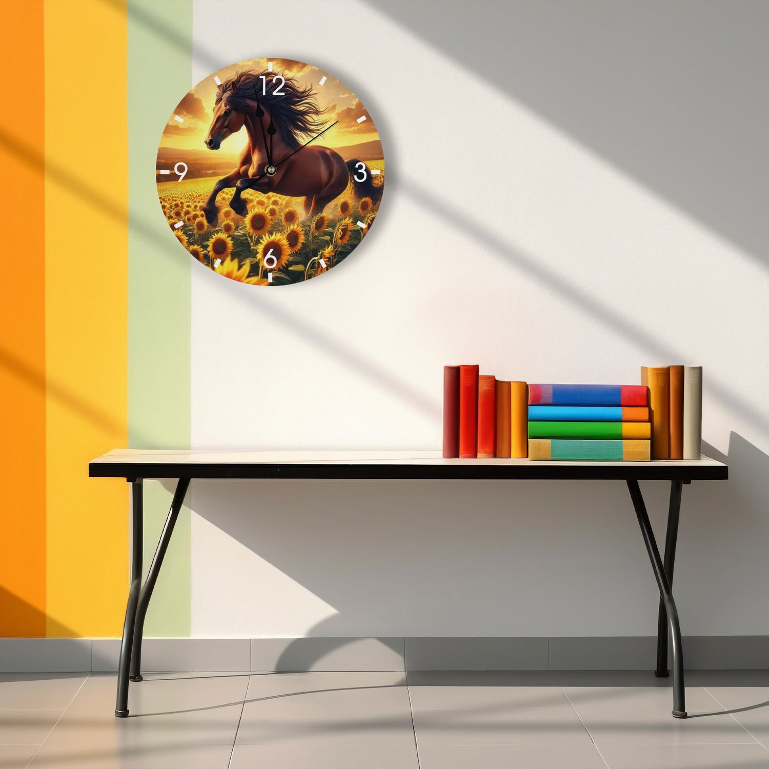 Floral wooden wall clock - horse and sunflowers