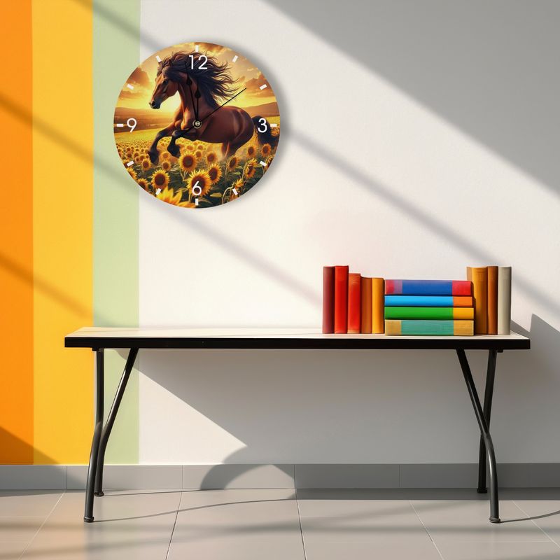 Floral wooden wall clock - horse and sunflowers