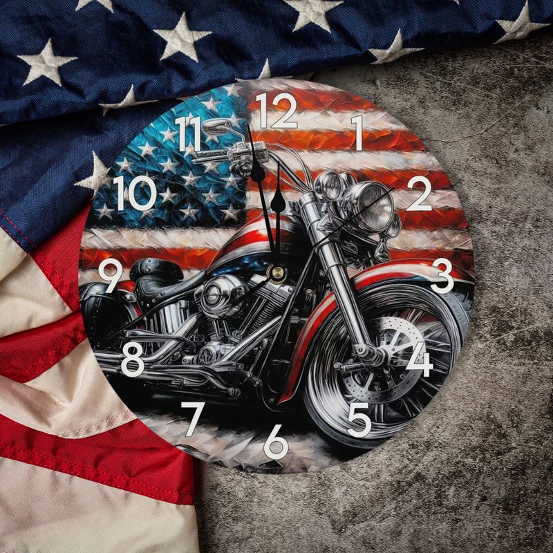 Wooden wall clock - USA flag and motorcycle