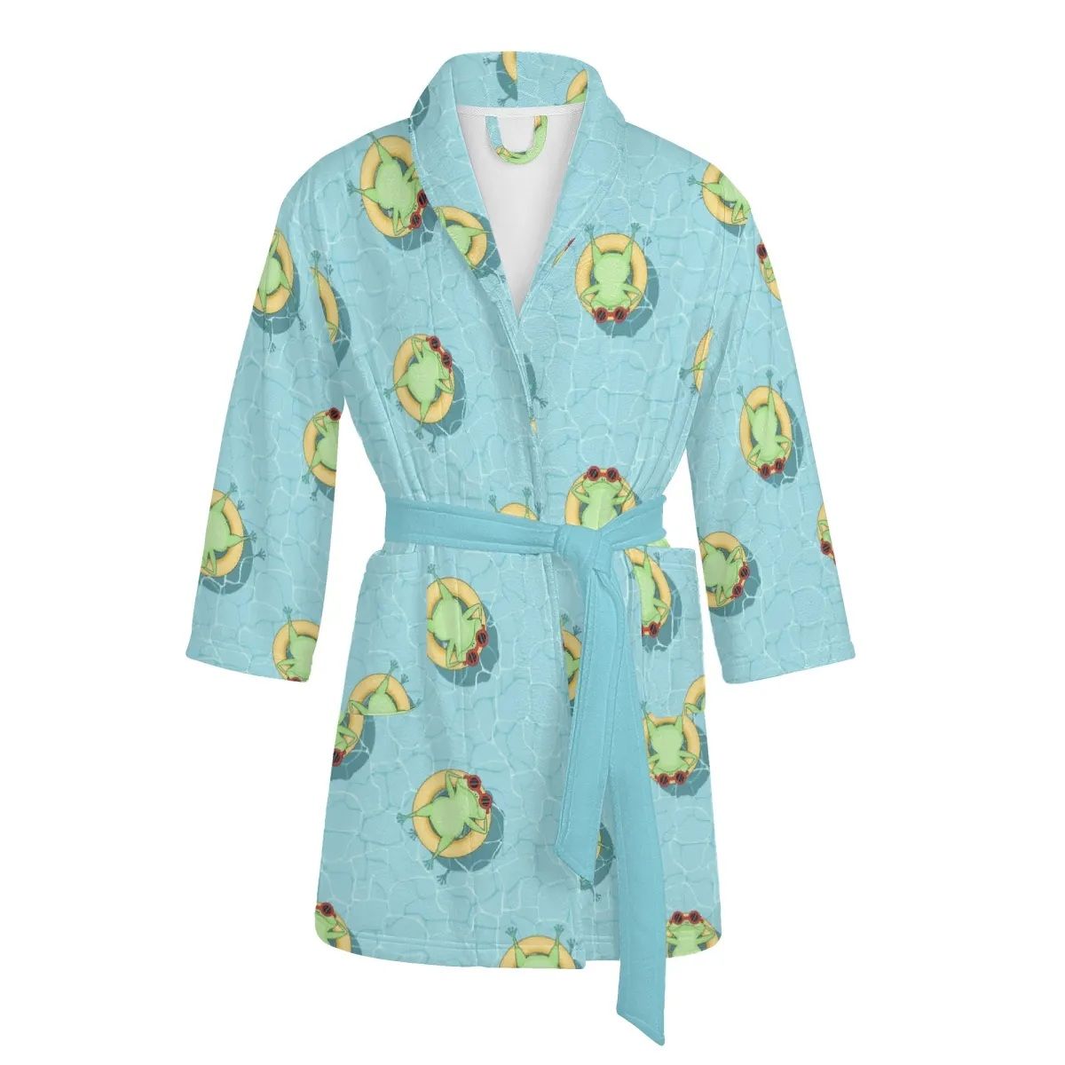 Funny frog in swimming ring bathrobe