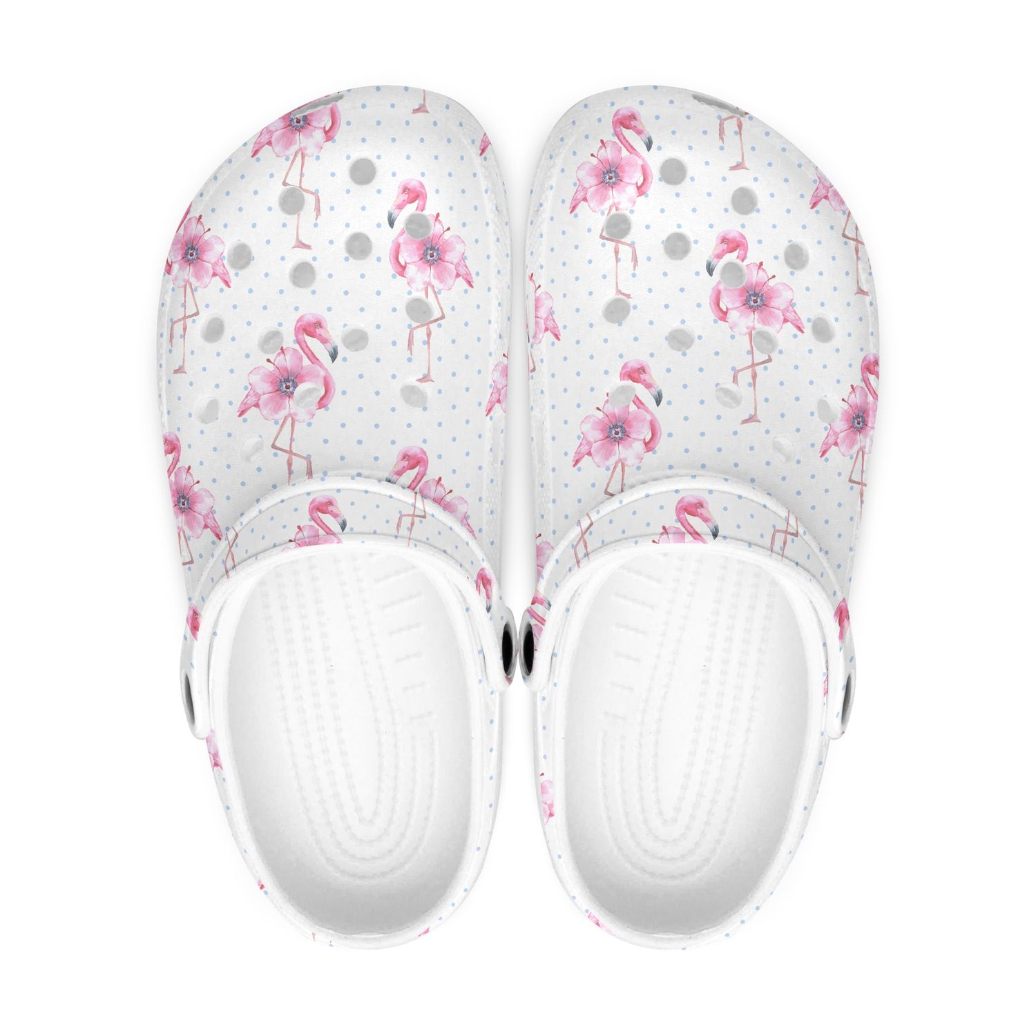 Summery white clogs with flamingo pattern