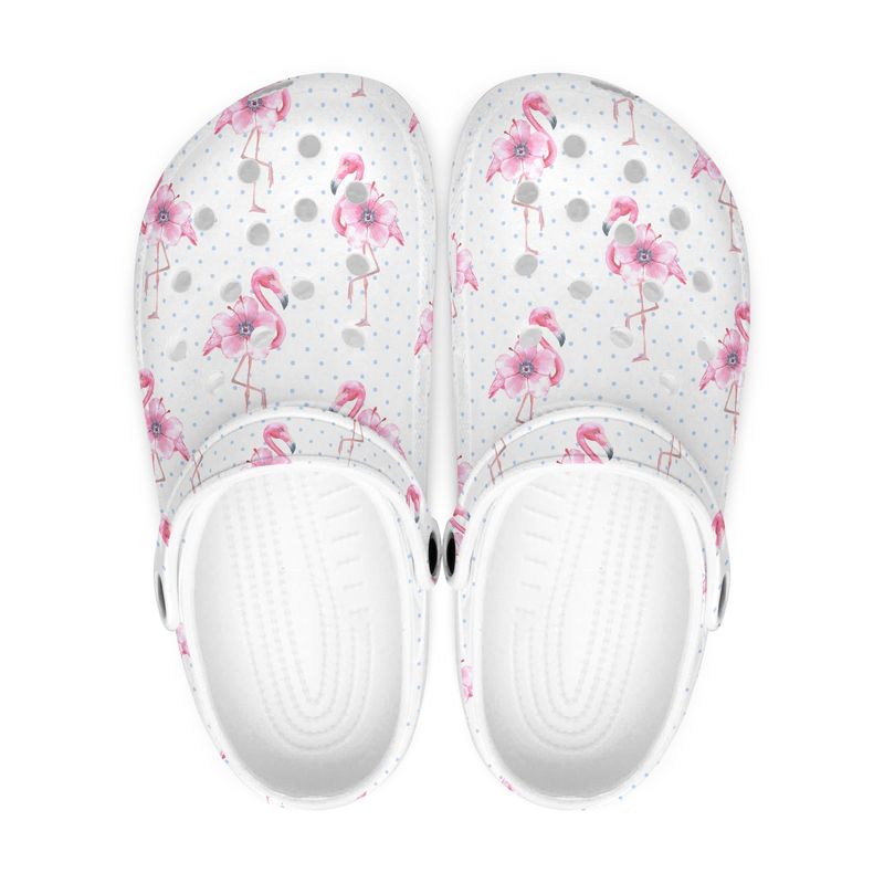Summery white clogs with flamingo pattern