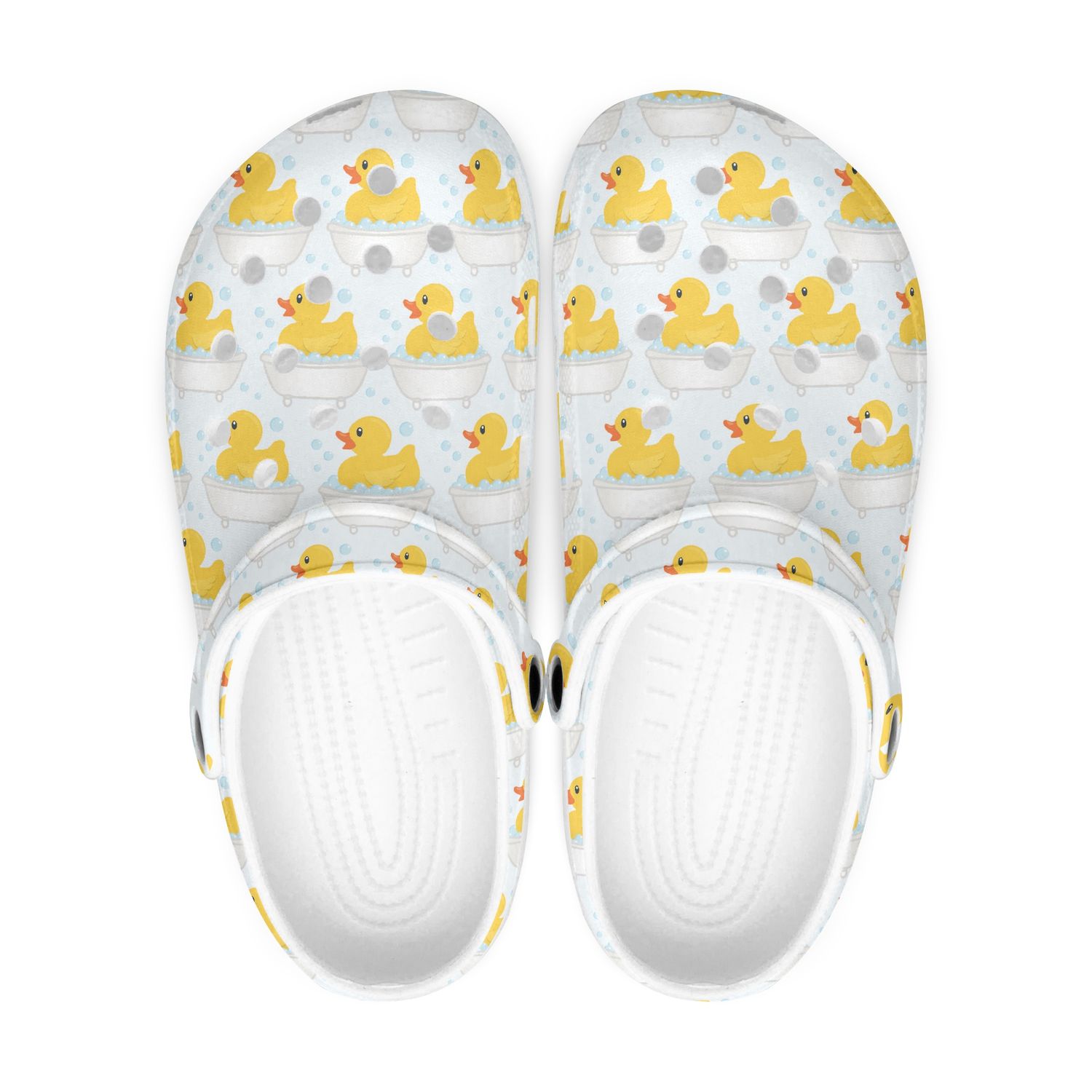 Funny rubber ducks in bathtub clogs