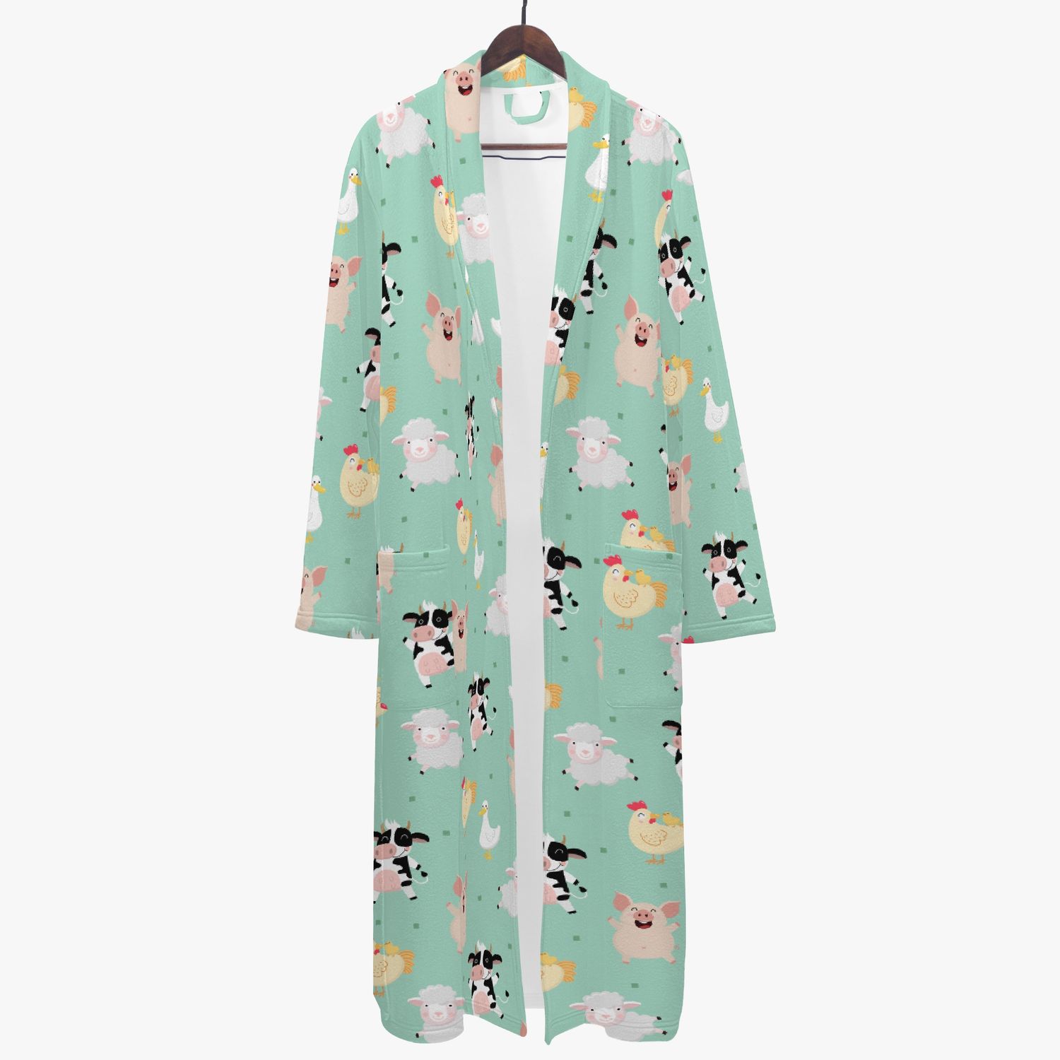 Funny Cartoon Farm Animals Bathrobe Mint Green