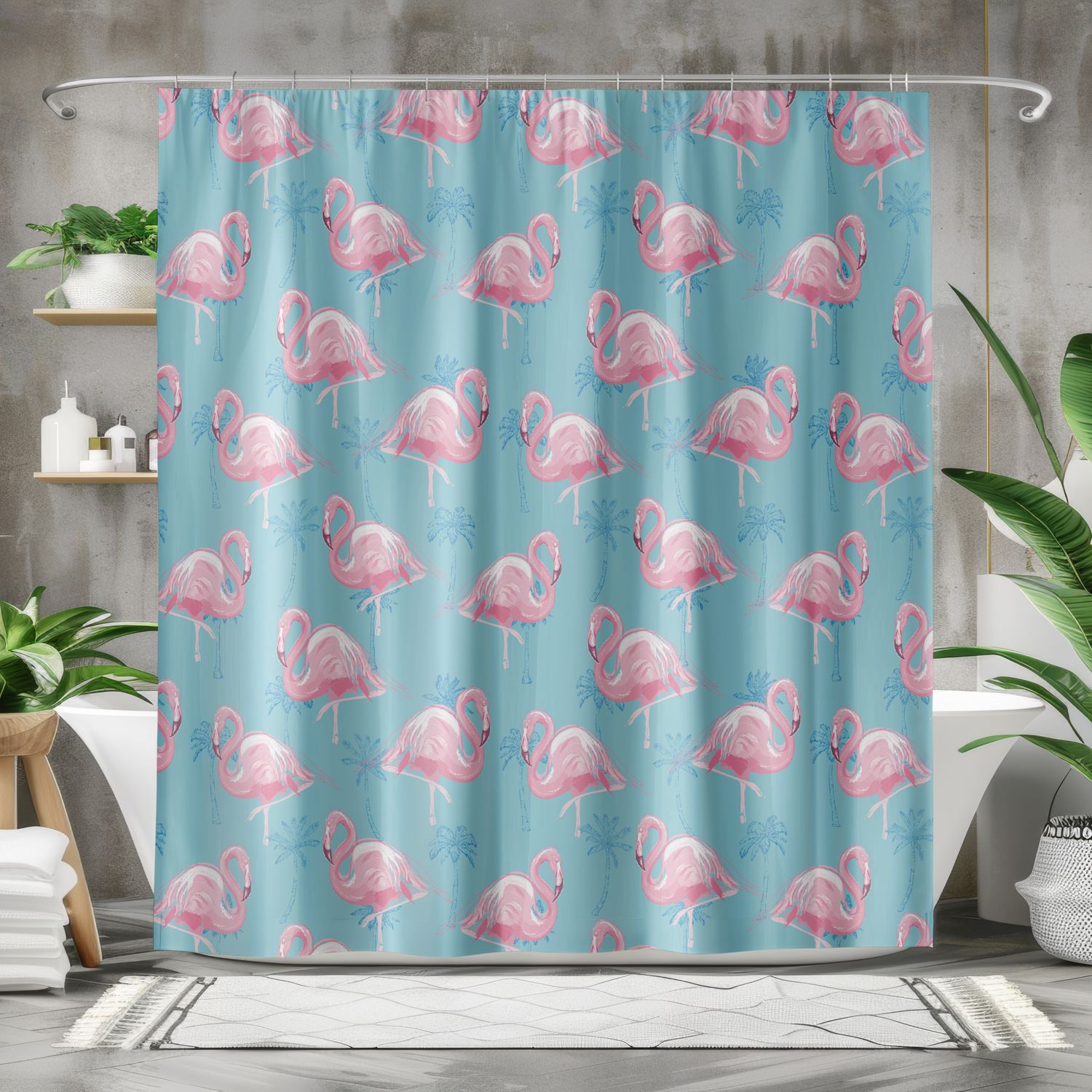 &quot;Palm Springs Vibes&quot; Shower Curtain Pink Flamingo