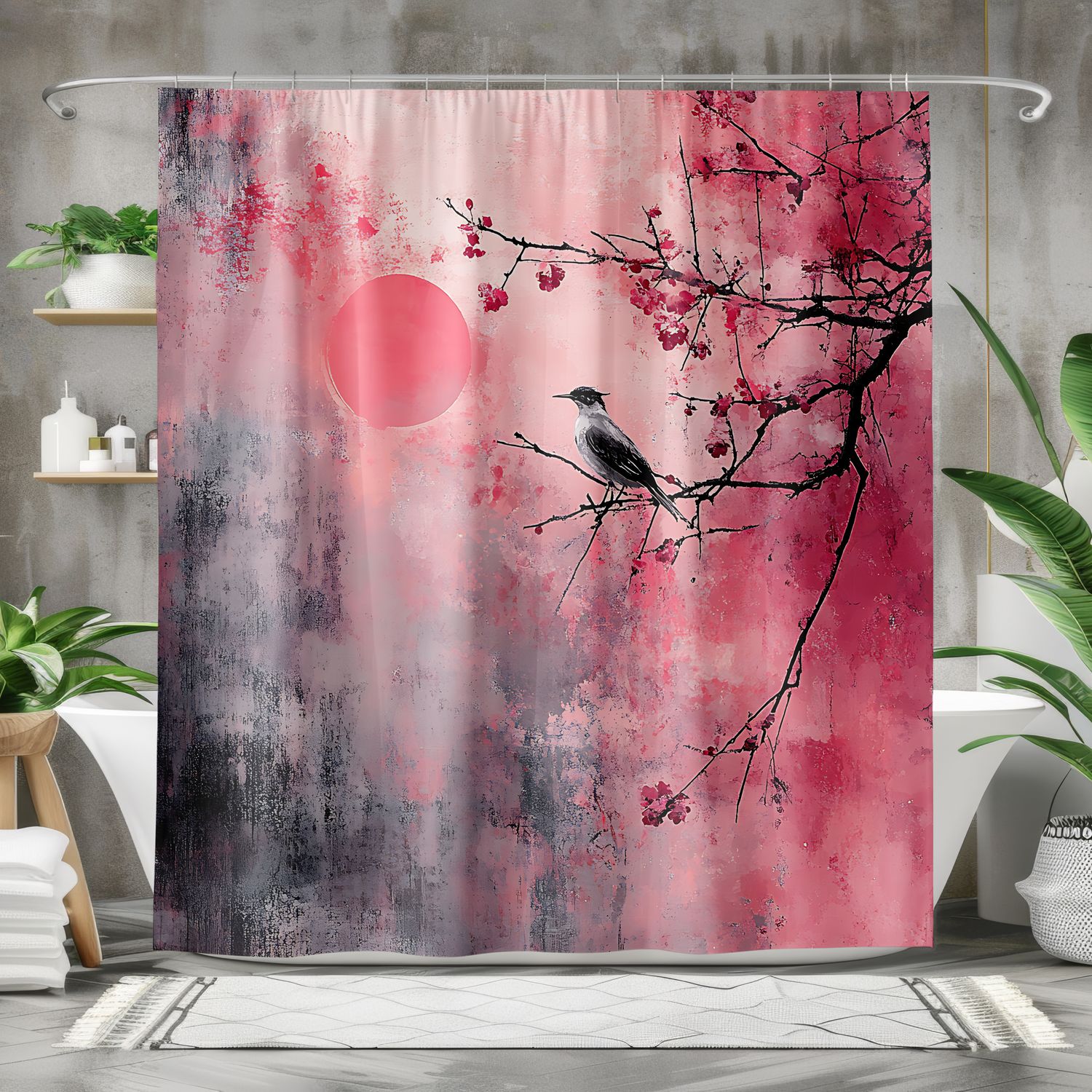 &quot;Sakura Stillness&quot; shower curtain Japanese aesthetics