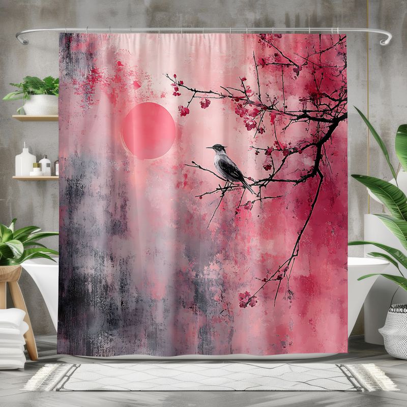 &quot;Sakura Stillness&quot; shower curtain Japanese aesthetics