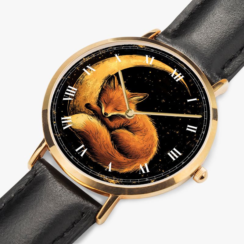 &quot;Night Whispers&quot; Fox on Moon Leather Watch Rose Gold