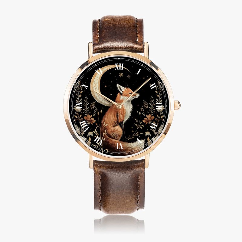 &quot;Fox &amp; Moonlight Garden&quot; Fox and Moon Leather Watch Rose Gold