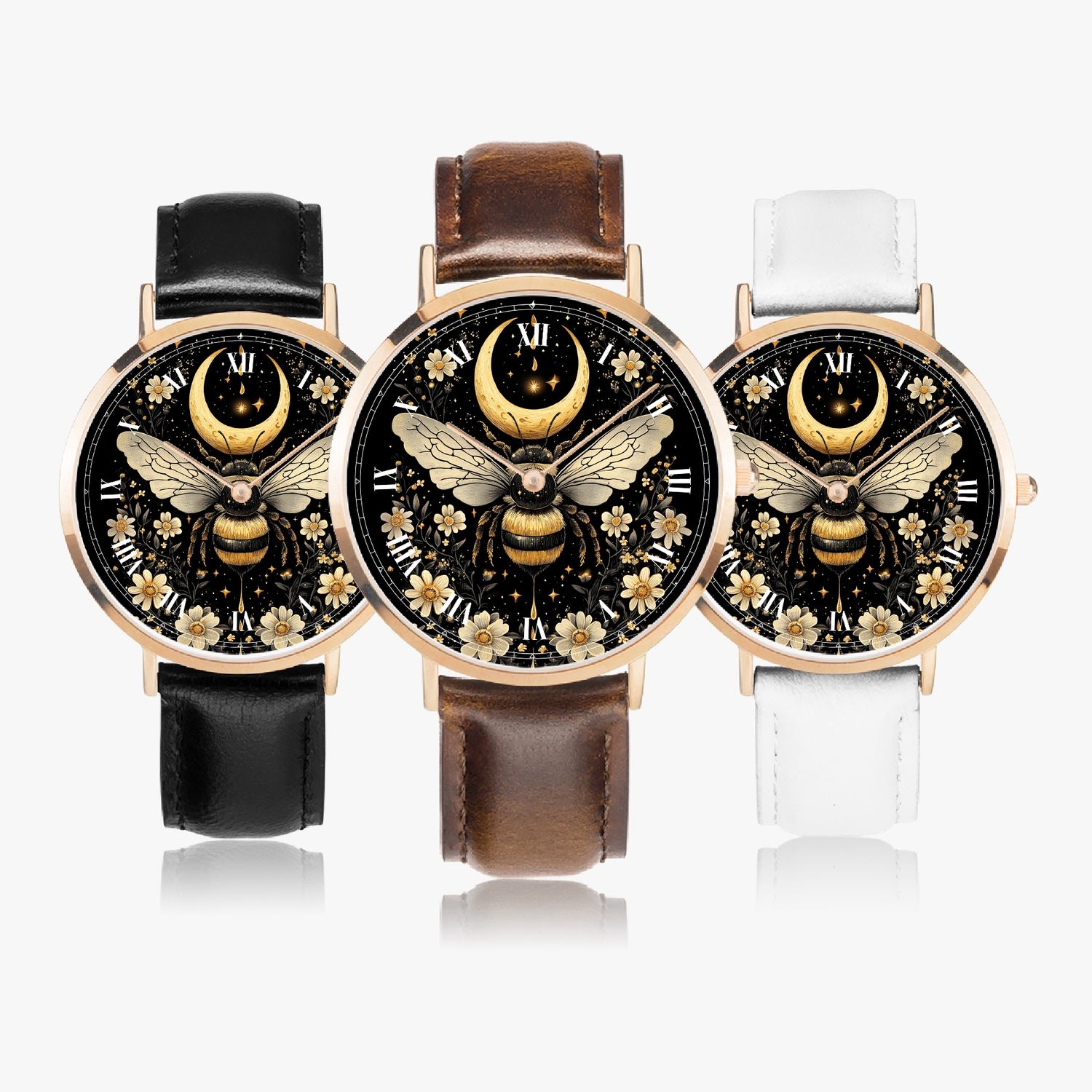 &quot;Moonlit Bee Magic&quot; bee leather watch rose gold