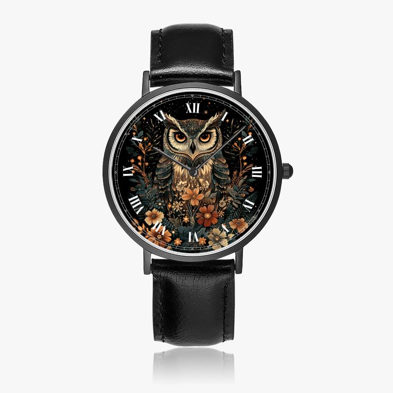 &quot;Mystic Night Owl&quot; Leather Watch Black