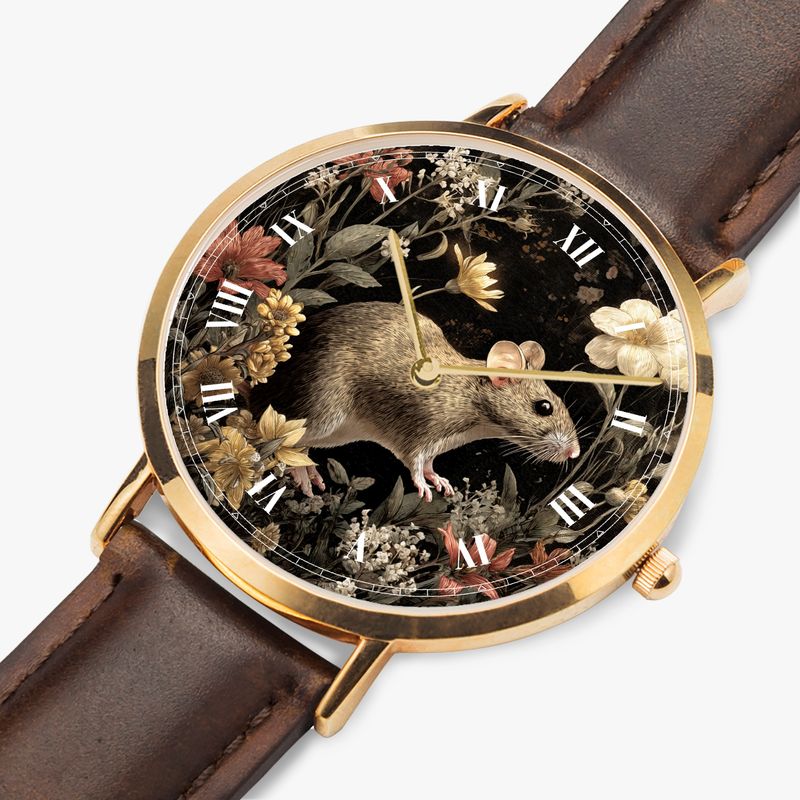 &quot;The Curious Garden Mouse&quot; wood mouse leather watch rose gold