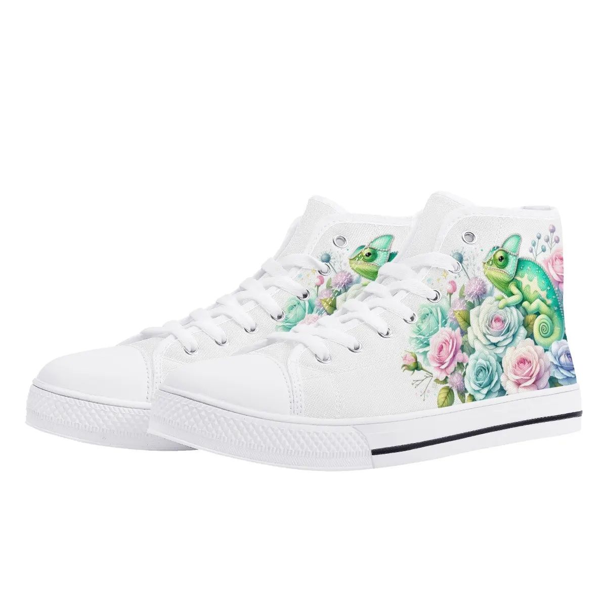 High-top canvas shoes chameleon in the rose garden