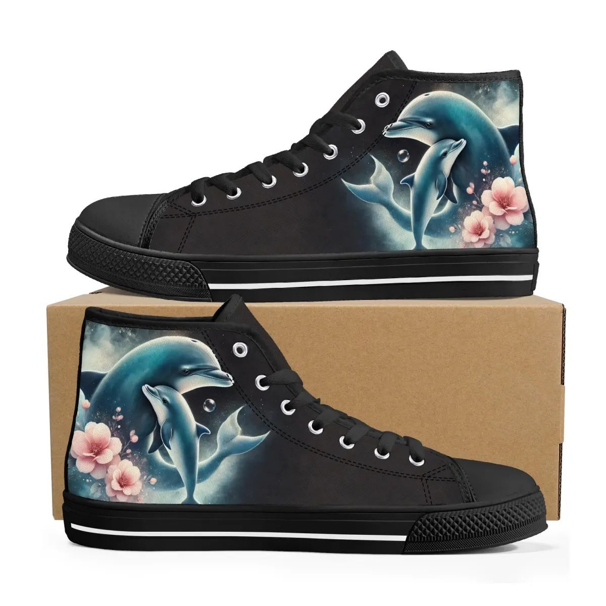 High-top canvas shoes - dolphins with delicate flowers
