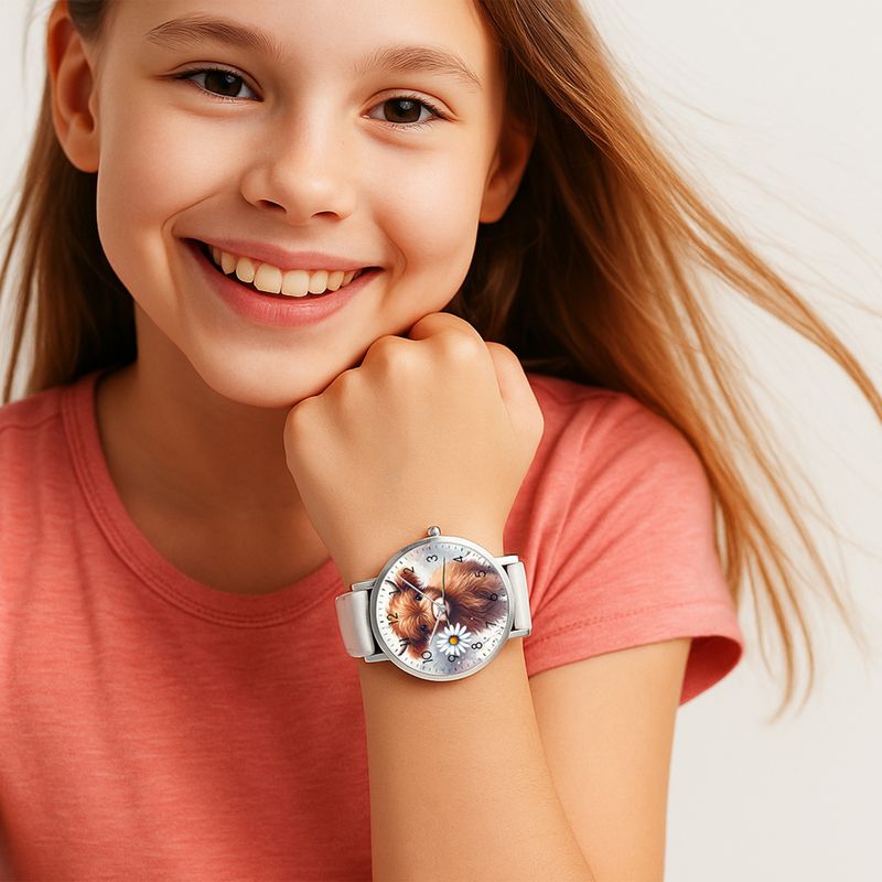 &quot;Highland Bloom Time&quot; Highland Cow Leather Watch Silver