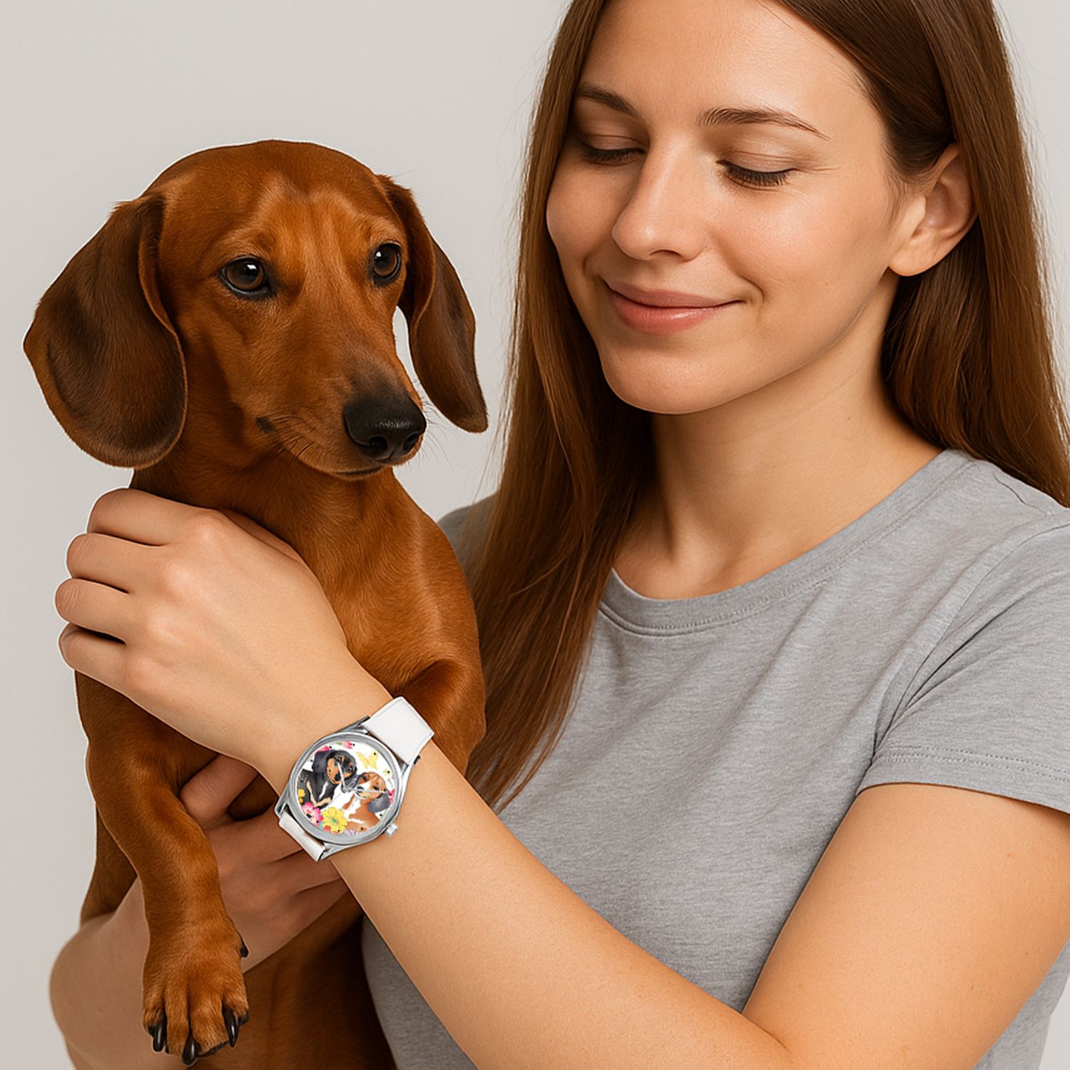 Modern Dachshund Leather Watch Silver &quot;Dachshund Duo Delight&quot;