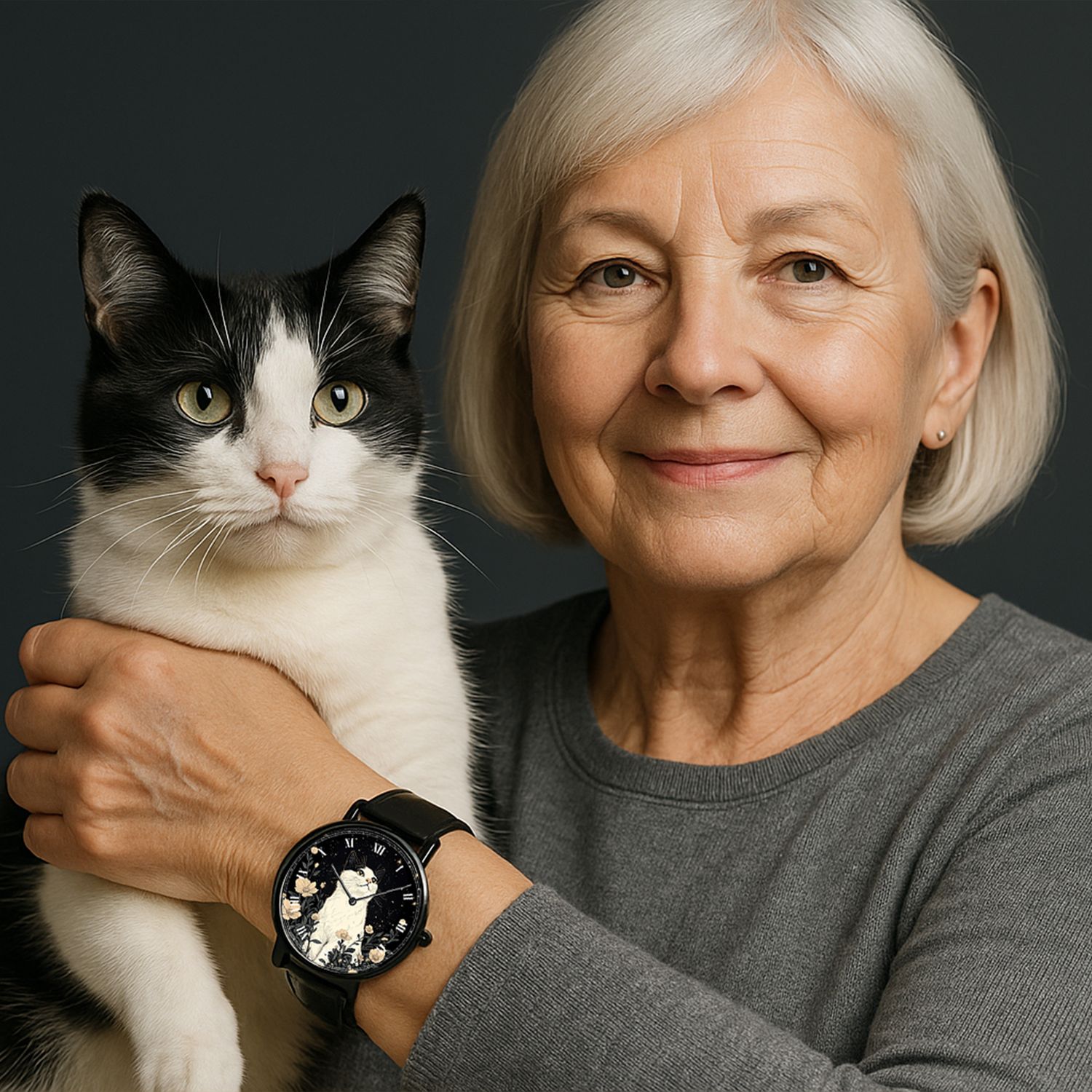 &quot;Luna Cat Charm&quot; Cat Leather Watch Black