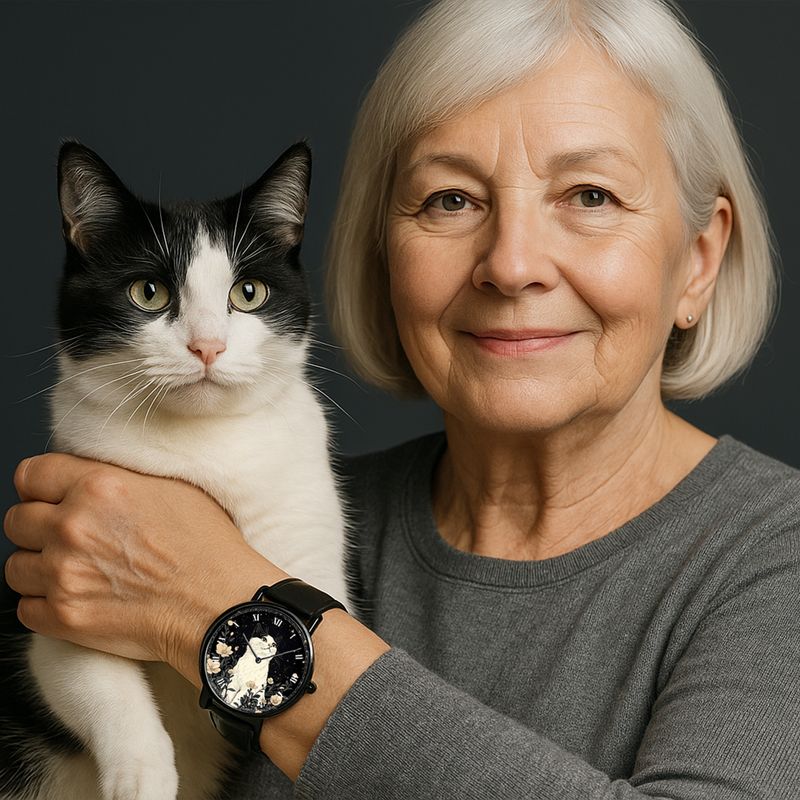 &quot;Luna Cat Charm&quot; Cat Leather Watch Black