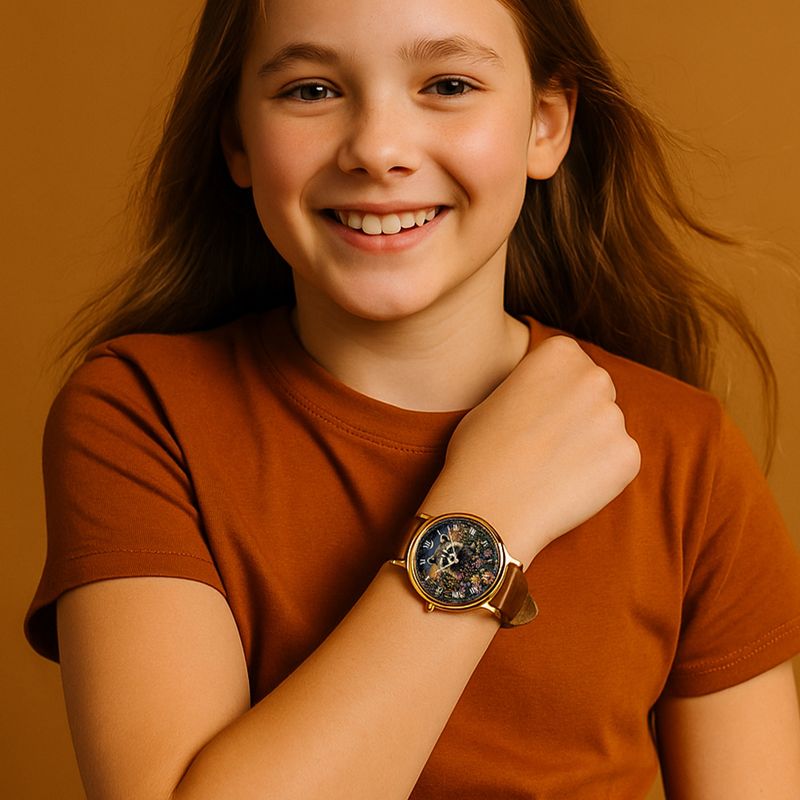&quot;Twilight Raccoon Bloom&quot; Washable Leather Watch Rose Gold