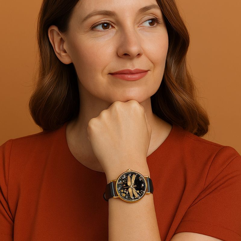 &quot;Golden Dragonfly Garden&quot; golden dragonfly leather watch rose gold