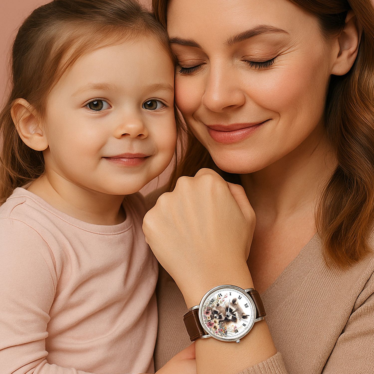 &quot;Raccoon Family Garden&quot; raccoon leather watch silver