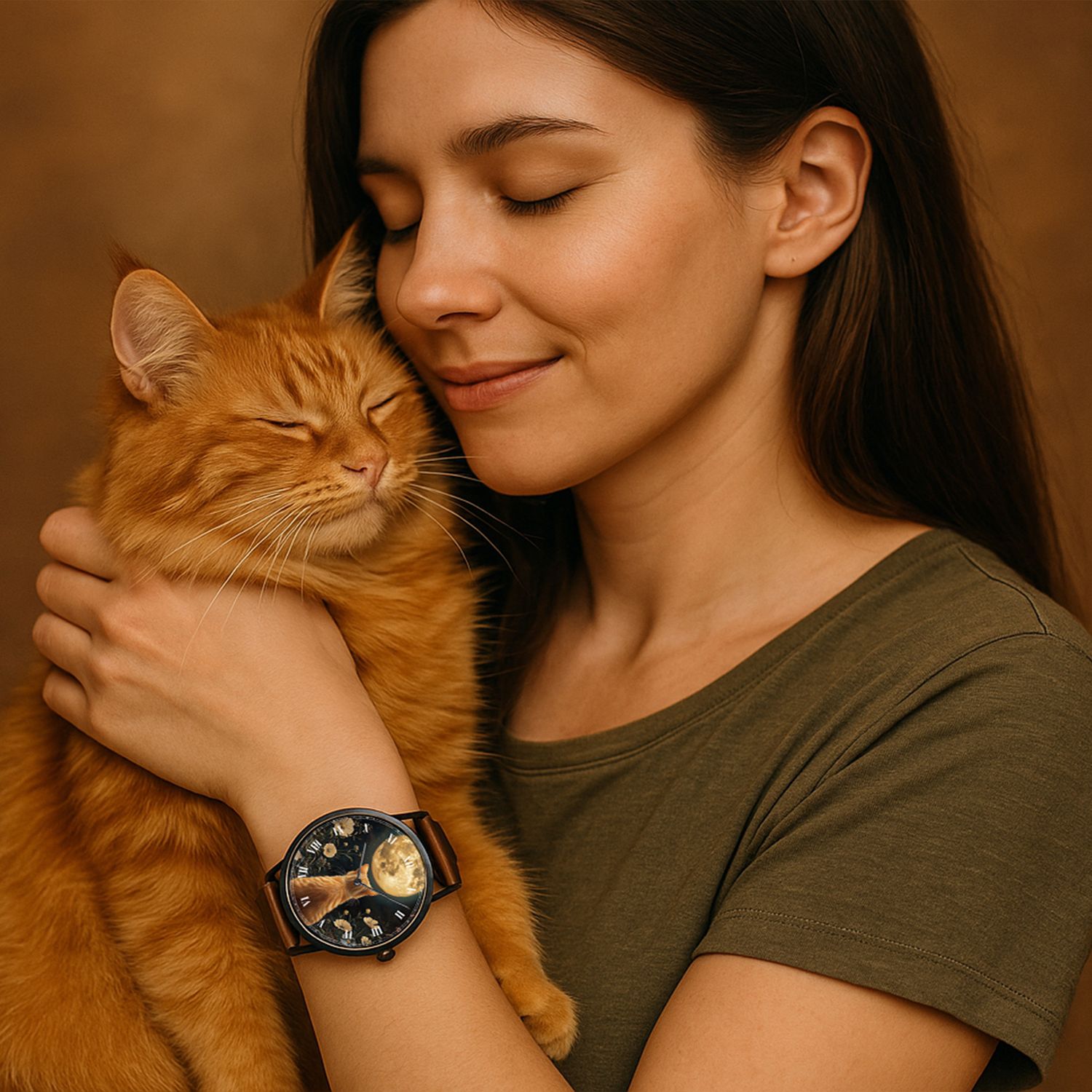 &quot;Moonlight Whiskers&quot; Cat Leather Watch Black