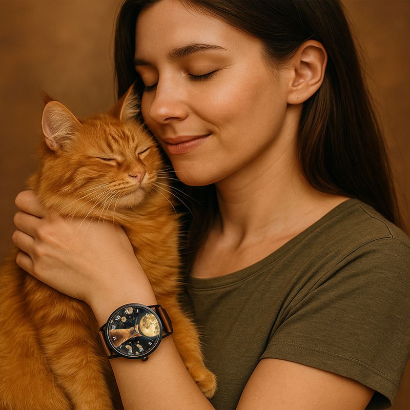 &quot;Moonlight Whiskers&quot; Cat Leather Watch Black