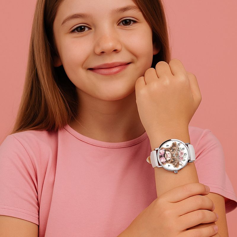 &quot;Floral Highland Cutie&quot; Highland Cow Leather Watch Silver