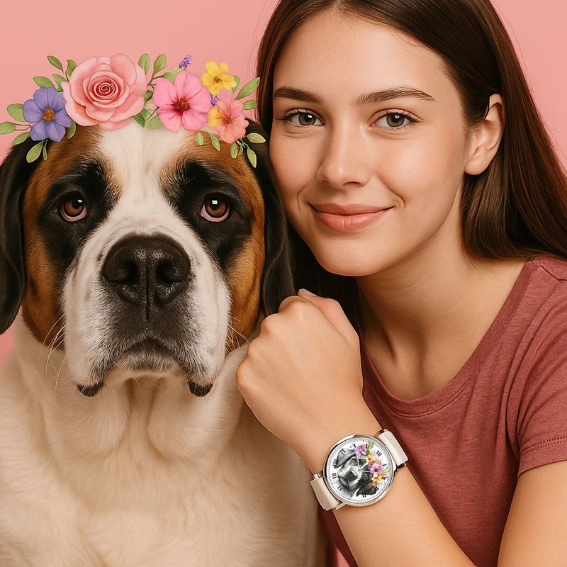 &quot;Floral Pup Charm&quot; leather watch silver