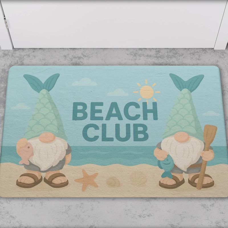 Doormat &quot;Beach Club&quot; gnome on the beach