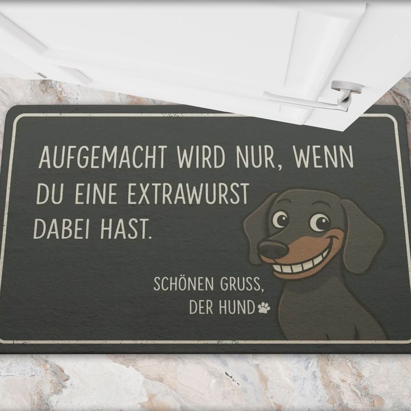Doormat &quot;We&#39;ll only open it if you have an extra sausage with you&quot;